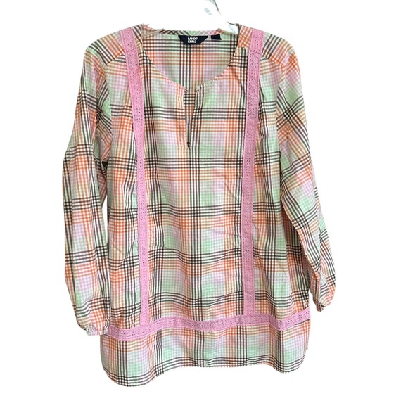 Lands' End Tops - Lands End 1X‎ Plaid Tunic Top Long Sleeve Pink Lace Trim Button Keyhole Prairie